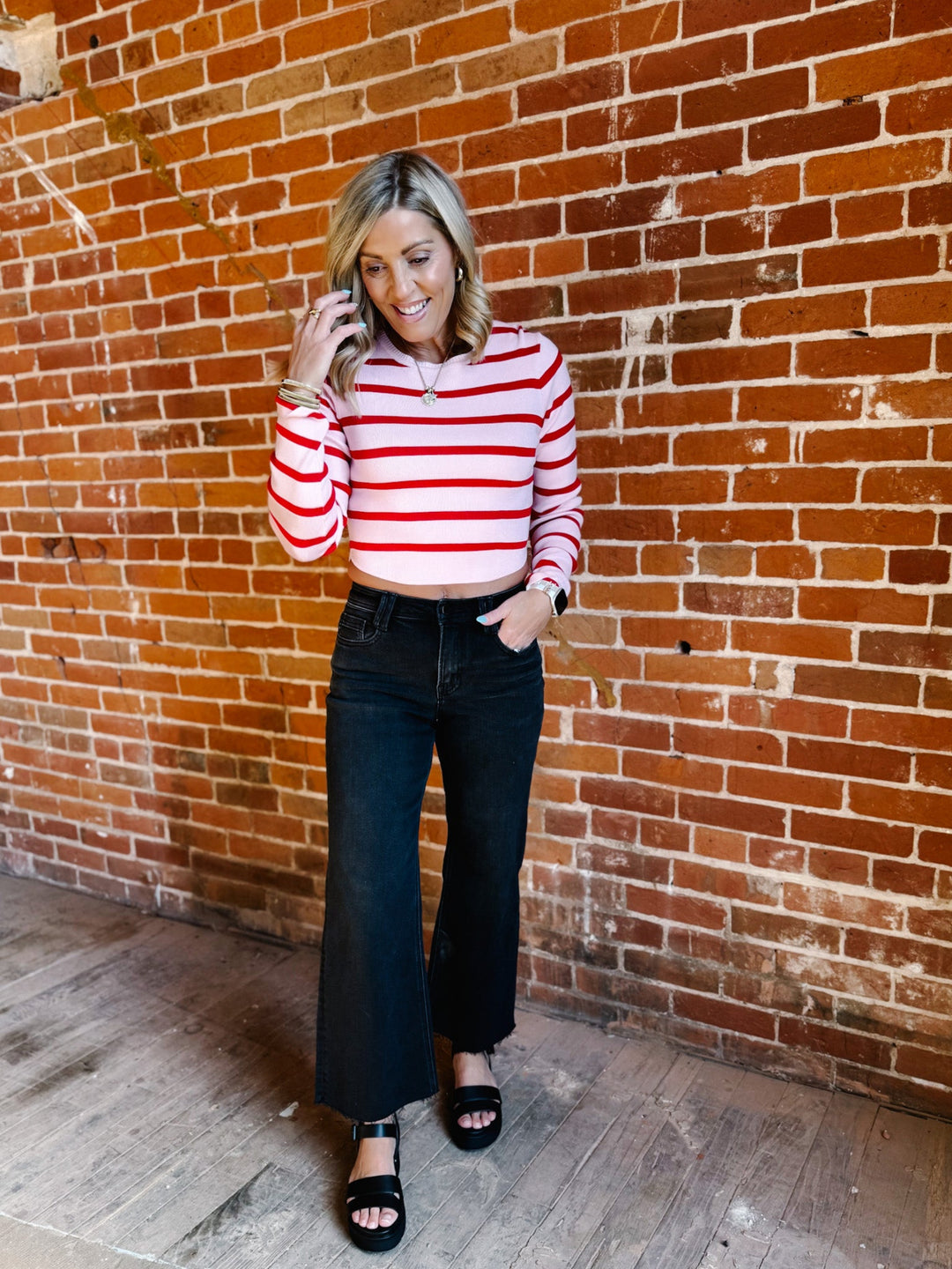 Peppermint Stripes Long Sleeve Top, Pink/Red