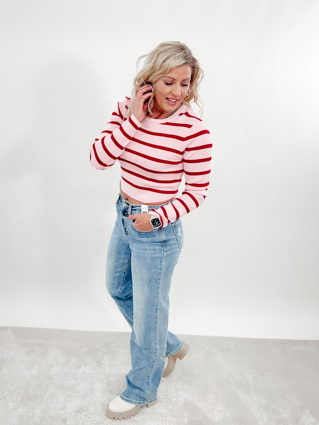 Peppermint Stripes Long Sleeve Top, Pink/Red