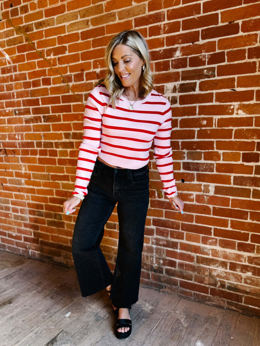Peppermint Stripes Long Sleeve Top, Pink/Red