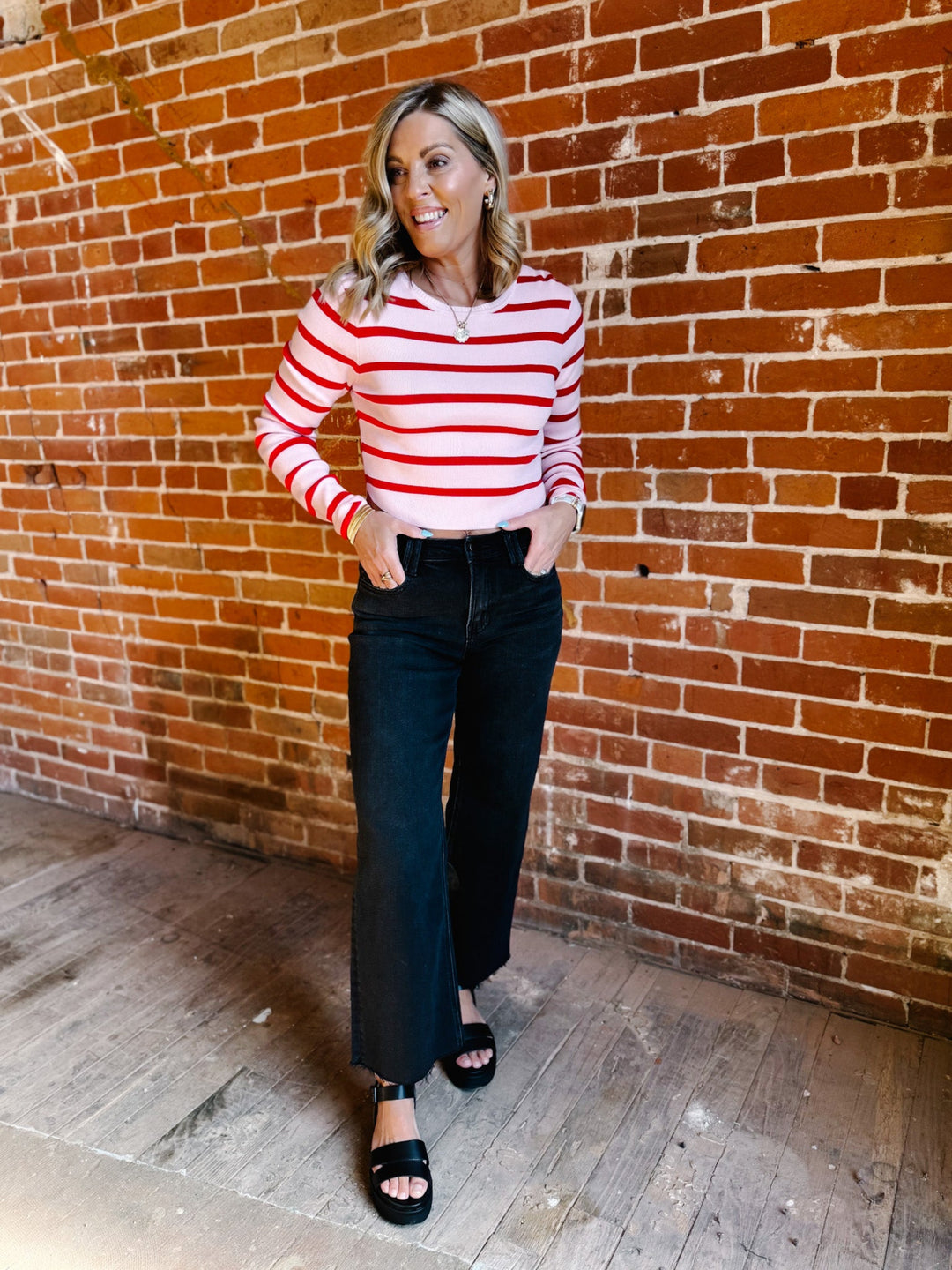 Peppermint Stripes Long Sleeve Top, Pink/Red