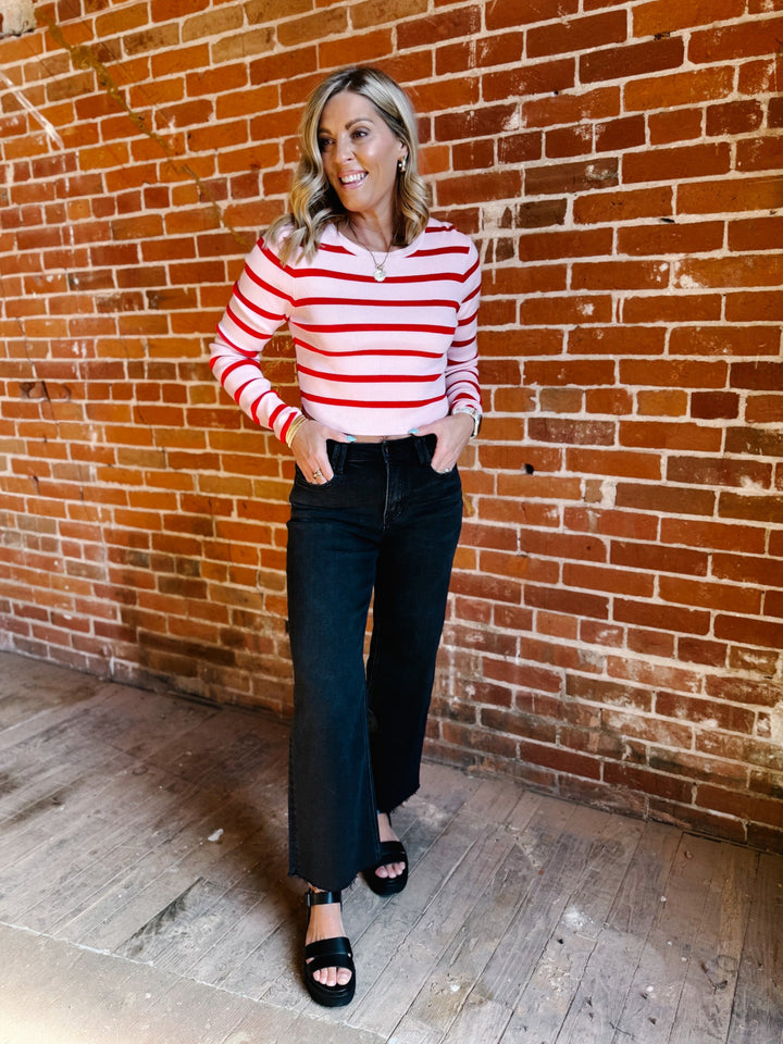 Peppermint Stripes Long Sleeve Top, Pink/Red