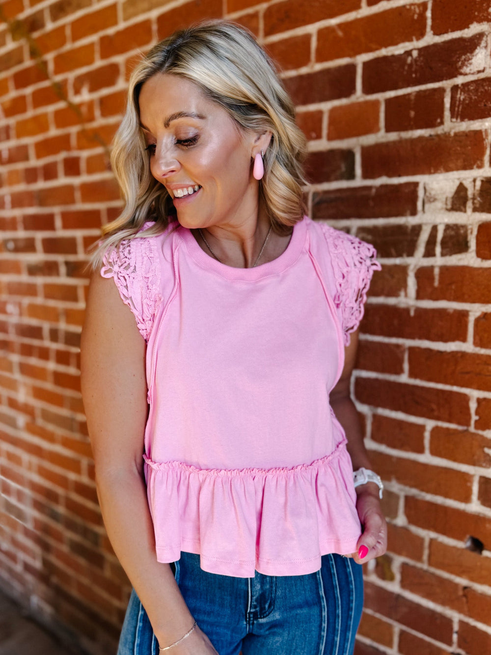 Petal Play Side Lace Ruffle Top, Charming Pink