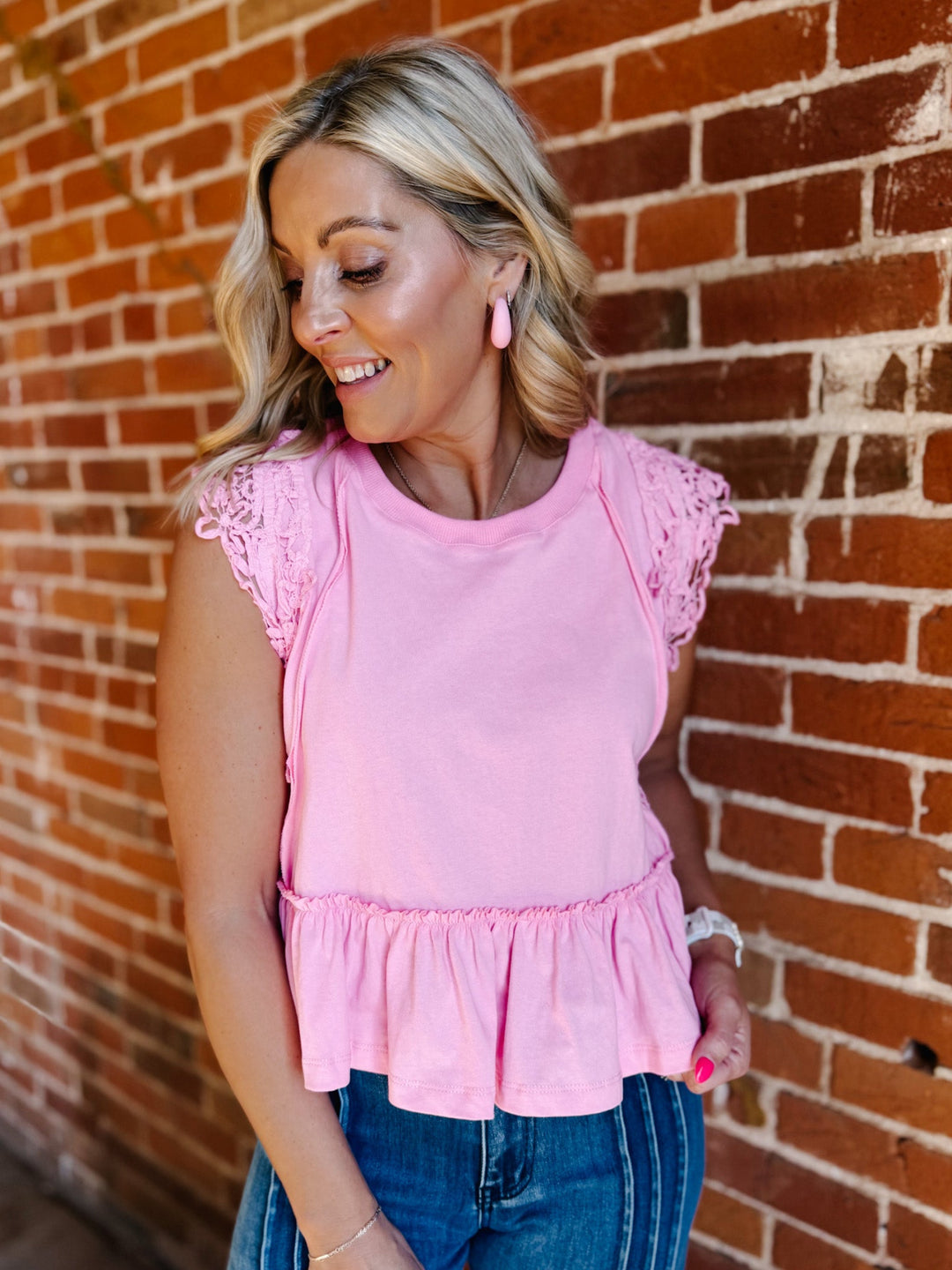 Petal Play Side Lace Ruffle Top, Charming Pink