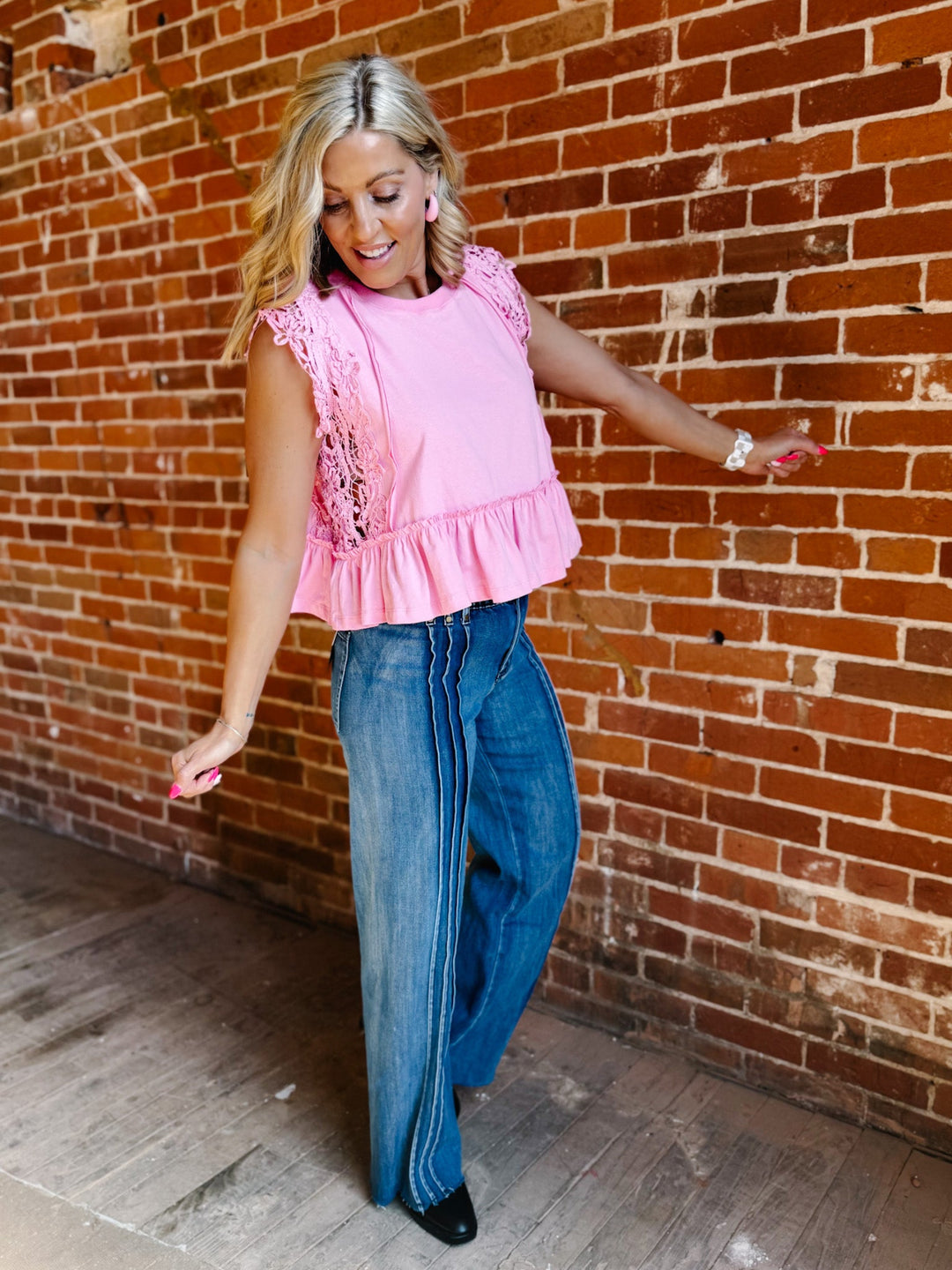 Petal Play Side Lace Ruffle Top, Charming Pink