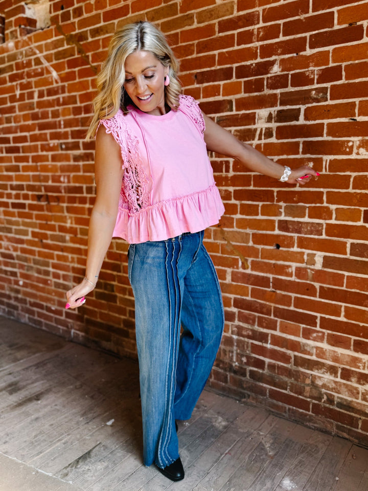 Petal Play Side Lace Ruffle Top, Charming Pink