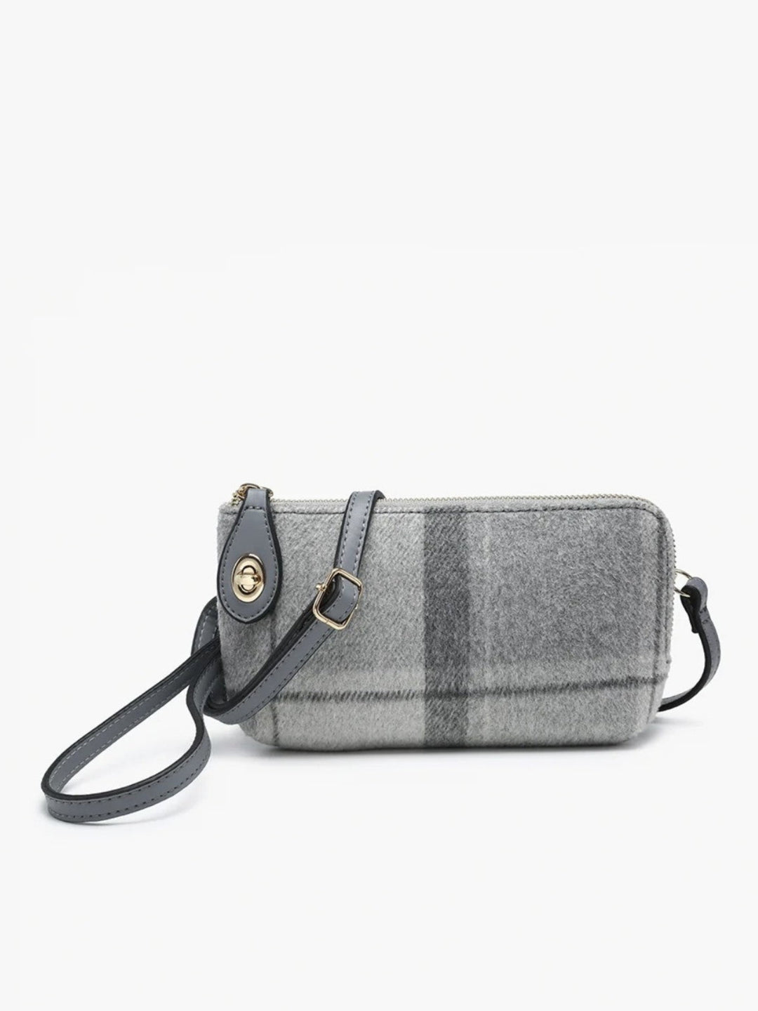 A gray plaid crossbody bag with a dark gray leather strap and gold-tone hardware, shown against a plain white background.