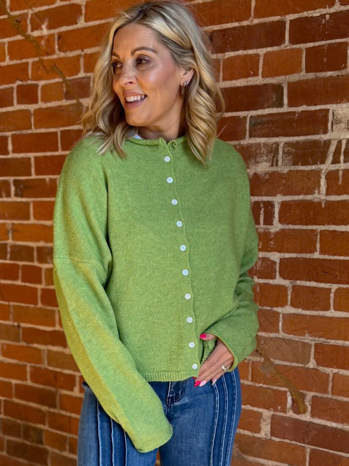 Polished Ease Button-Front Knit Cardigan, Avocado