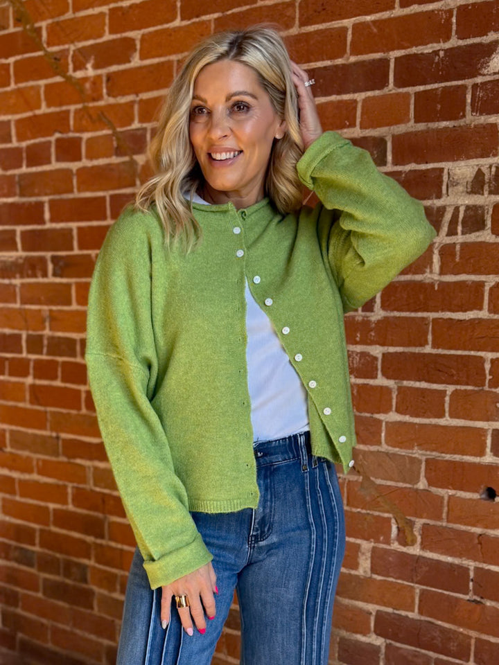 Polished Ease Button-Front Knit Cardigan, Avocado