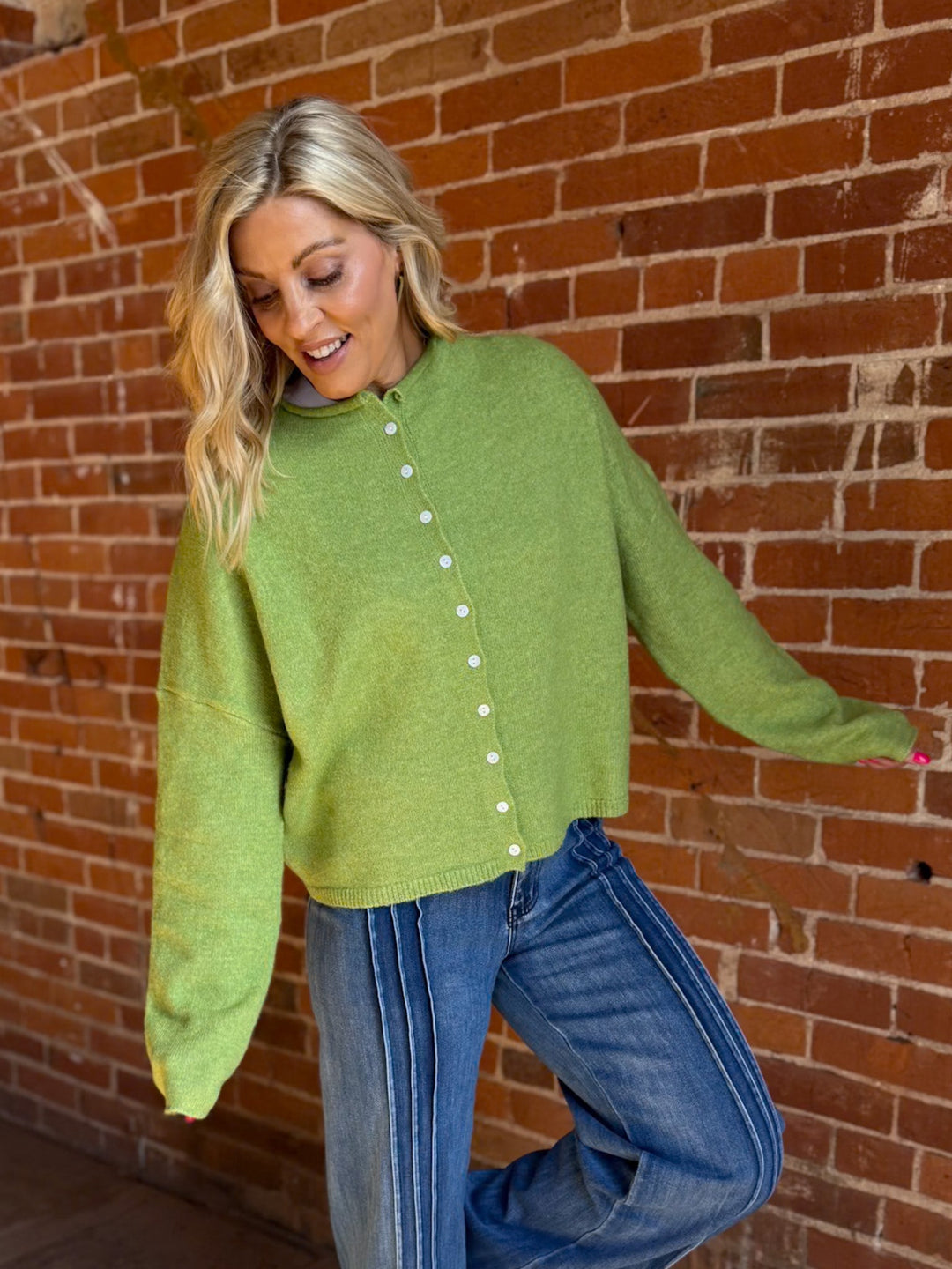 Polished Ease Button-Front Knit Cardigan, Avocado