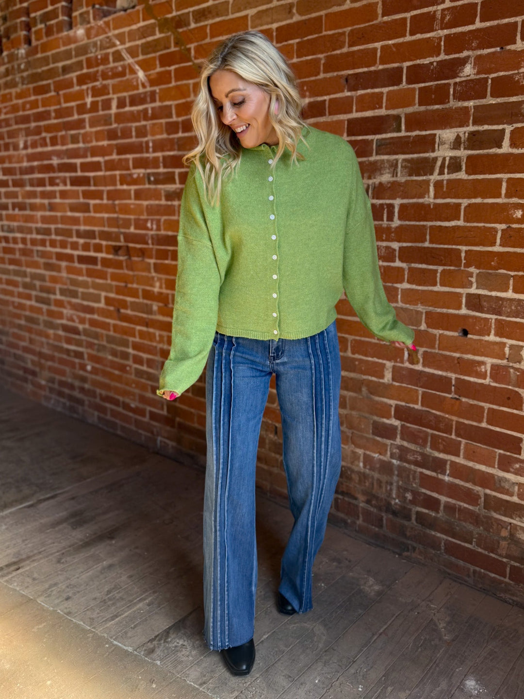 Polished Ease Button-Front Knit Cardigan, Avocado