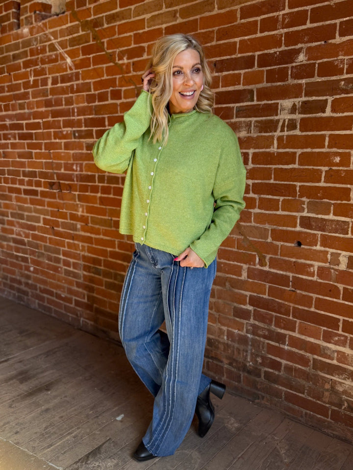 Polished Ease Button-Front Knit Cardigan, Avocado