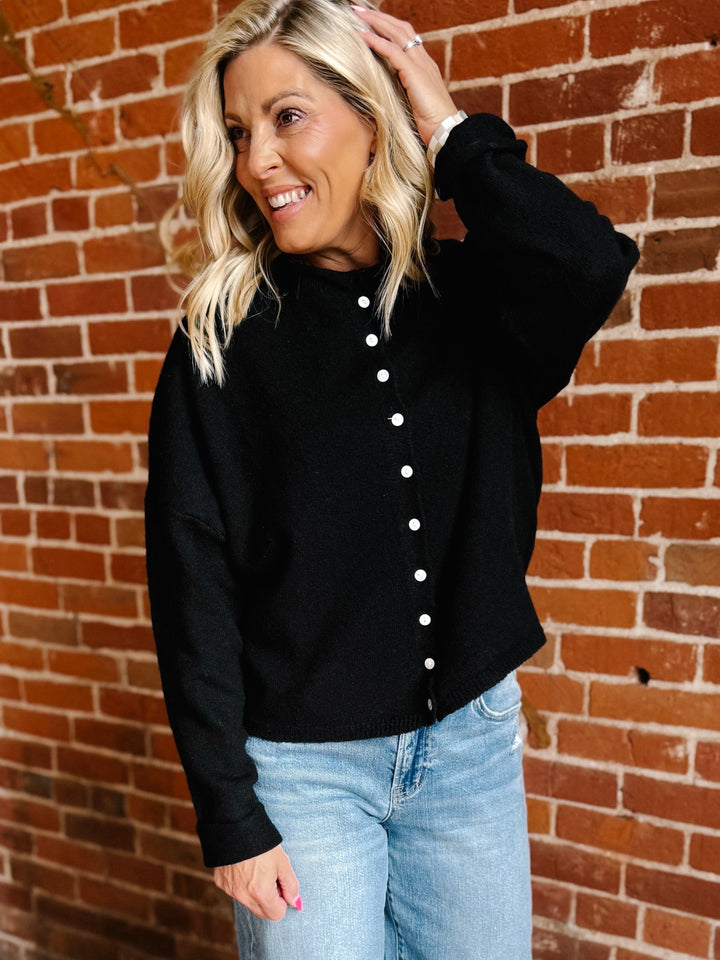 Polished Ease Button-Front Knit Cardigan, Black