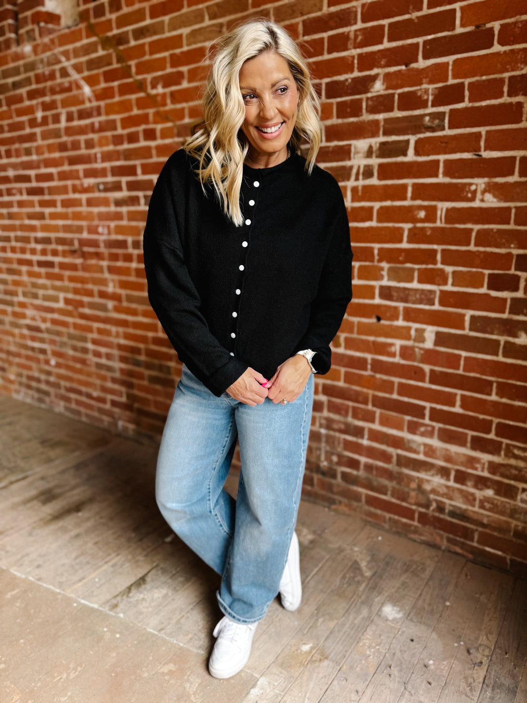 Polished Ease Button-Front Knit Cardigan, Black