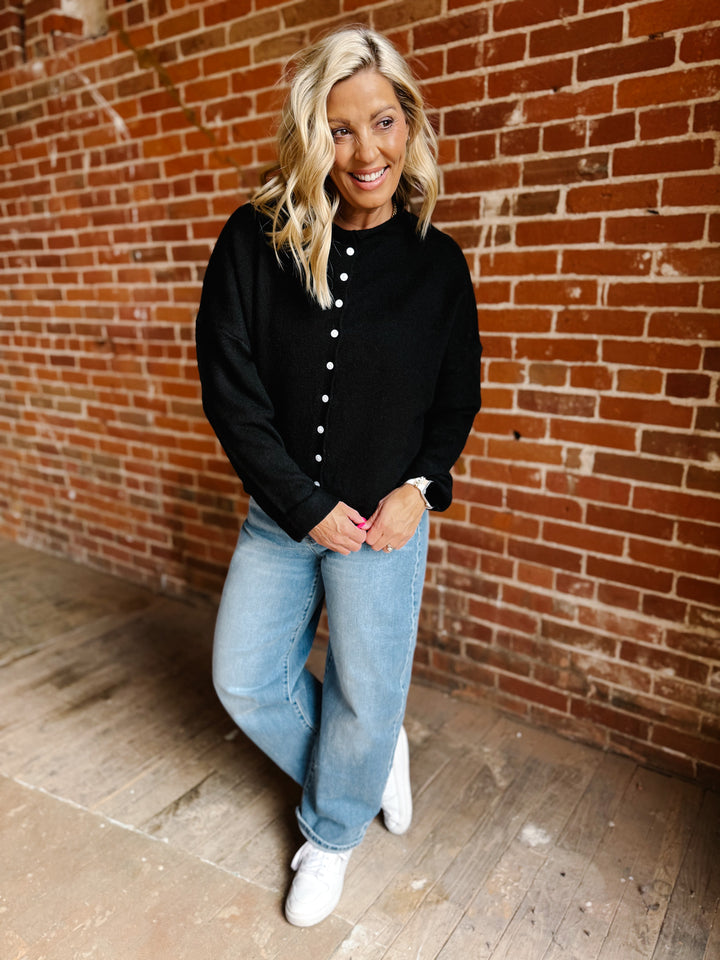 Polished Ease Button-Front Knit Cardigan, Black