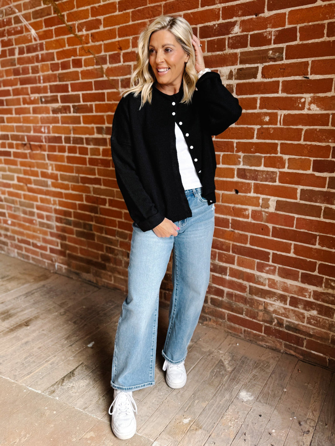 Polished Ease Button-Front Knit Cardigan, Black