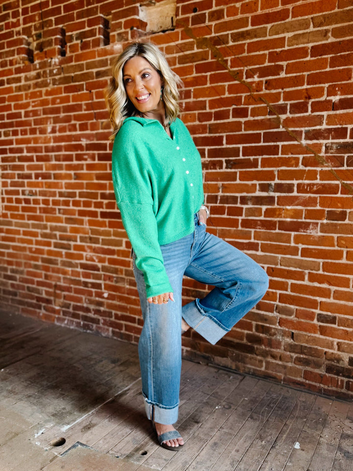 Polished Ease Button-Front Knit Cardigan, Kelly Green