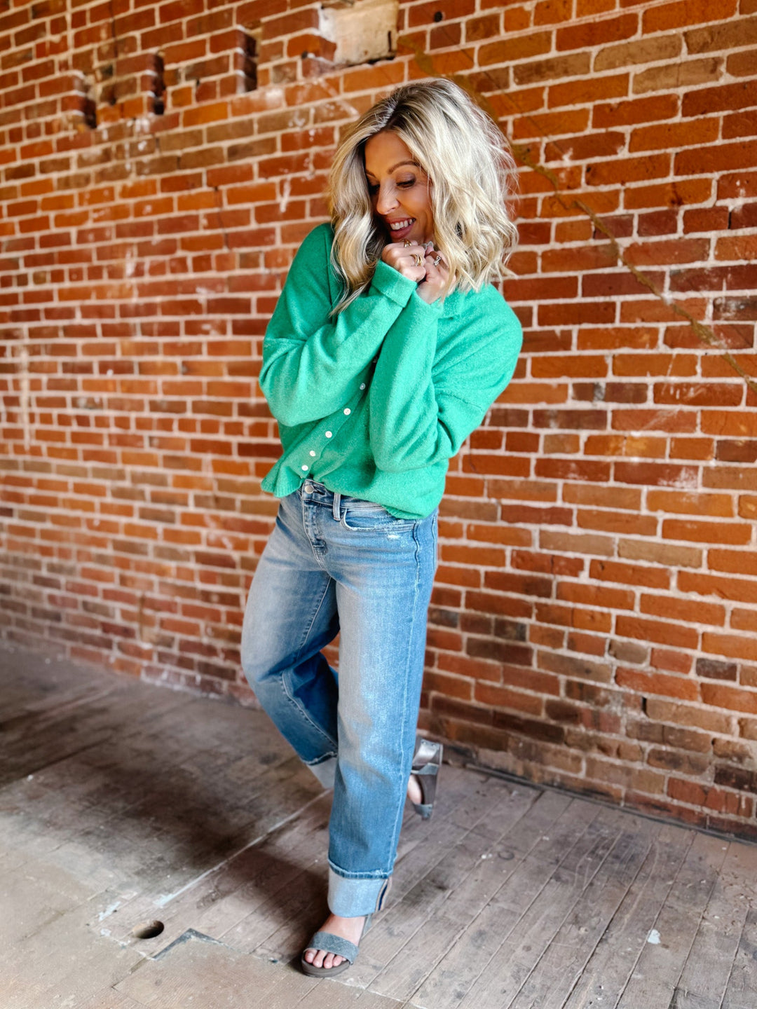 Polished Ease Button-Front Knit Cardigan, Kelly Green