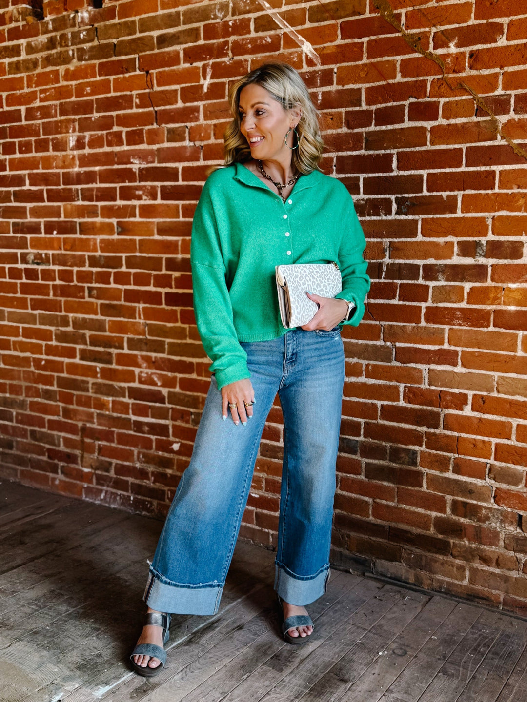 Polished Ease Button-Front Knit Cardigan, Kelly Green