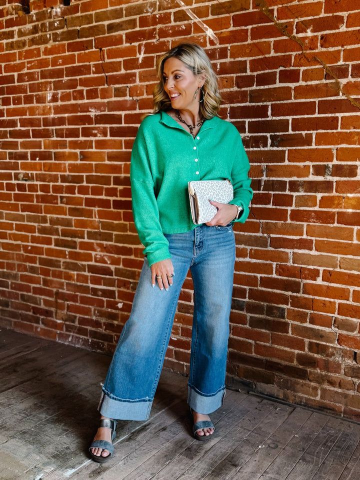 Polished Ease Button-Front Knit Cardigan, Kelly Green