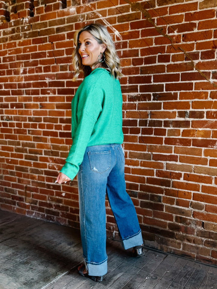 Polished Ease Button-Front Knit Cardigan, Kelly Green