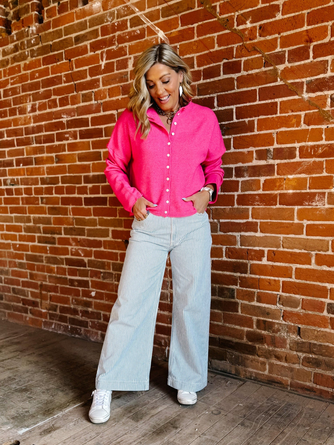 Polished Ease Button-Front Knit Cardigan, Hot Pink