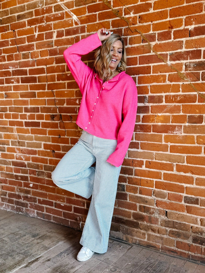 Polished Ease Button-Front Knit Cardigan, Hot Pink