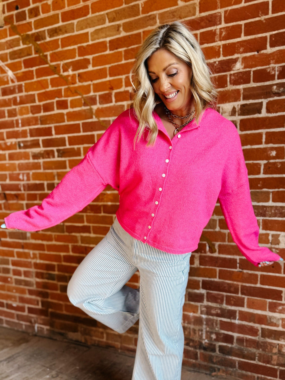 Polished Ease Button-Front Knit Cardigan, Hot Pink