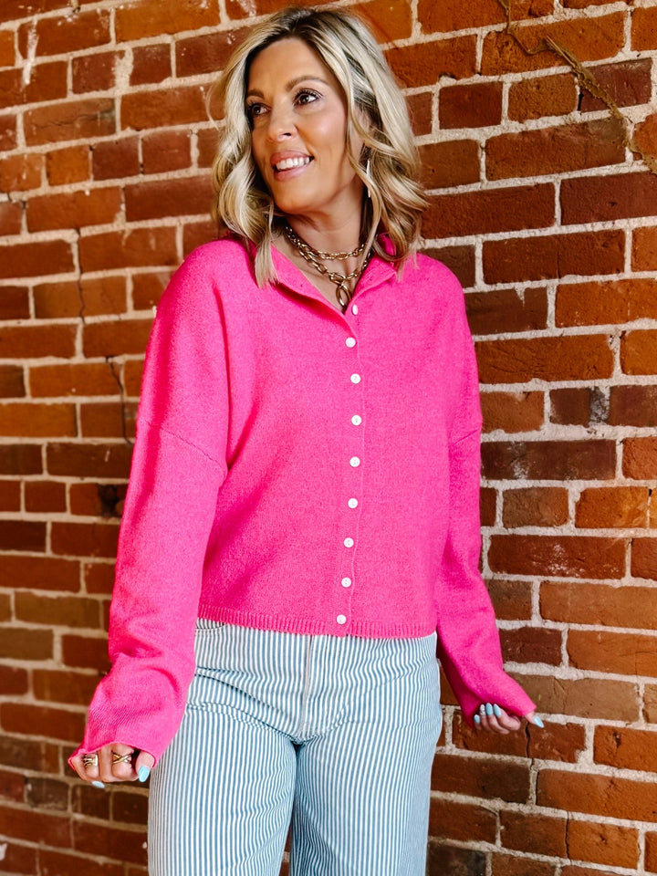 Polished Ease Button-Front Knit Cardigan, Hot Pink