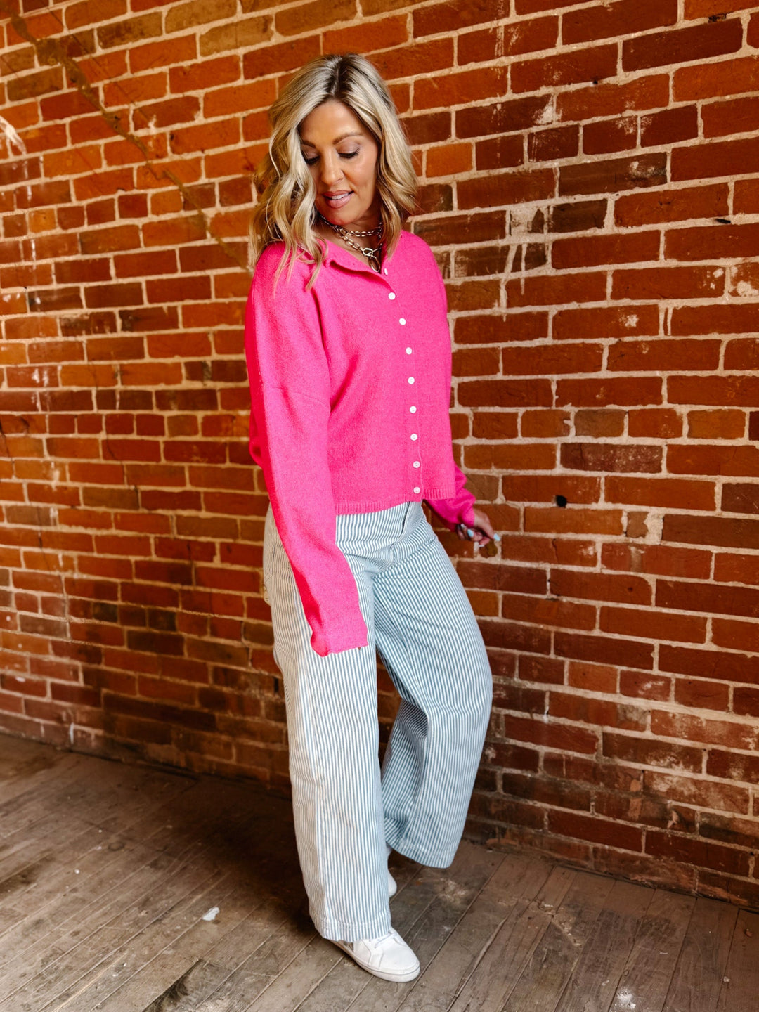 Polished Ease Button-Front Knit Cardigan, Hot Pink
