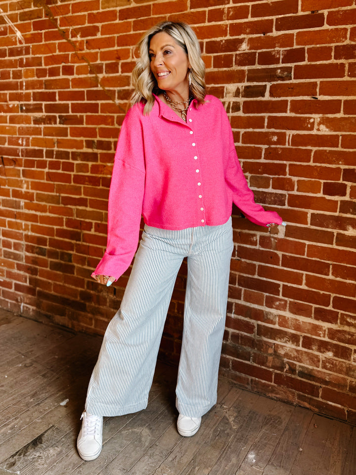 Polished Ease Button-Front Knit Cardigan, Hot Pink