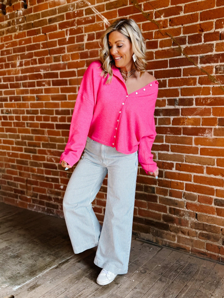 Polished Ease Button-Front Knit Cardigan, Hot Pink