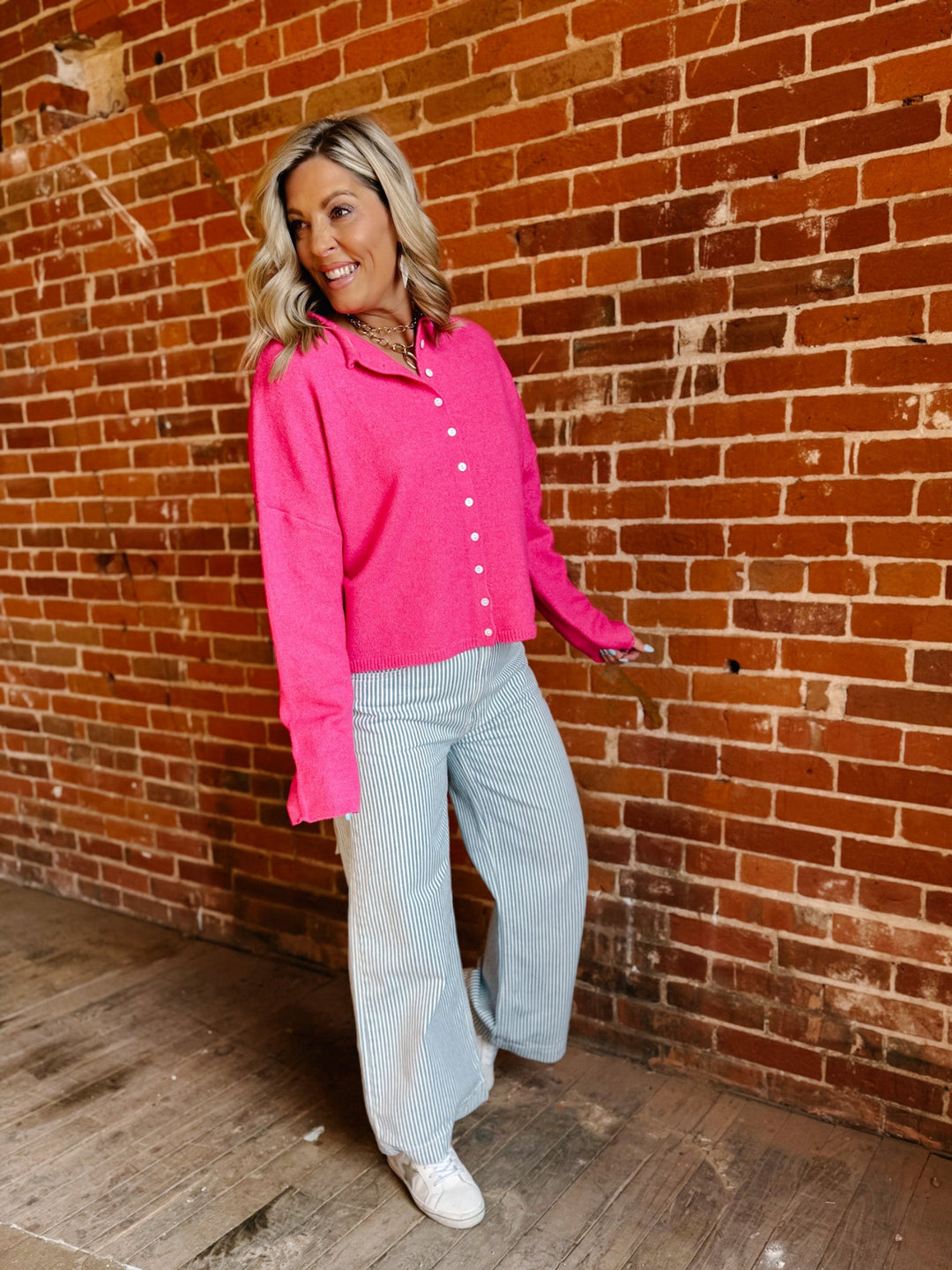 Polished Ease Button-Front Knit Cardigan, Hot Pink