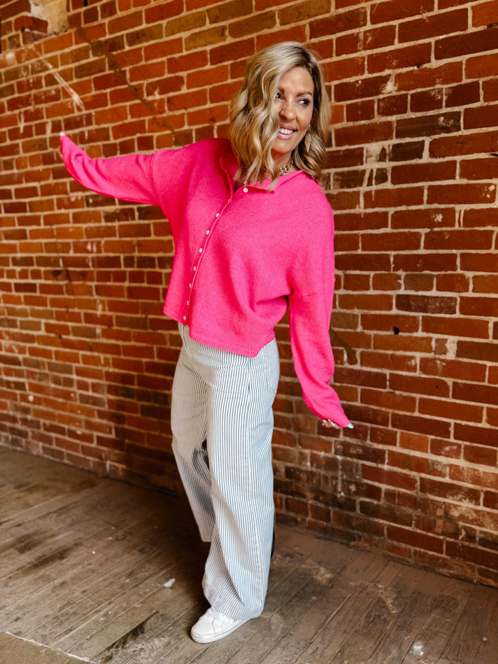 Polished Ease Button-Front Knit Cardigan, Hot Pink