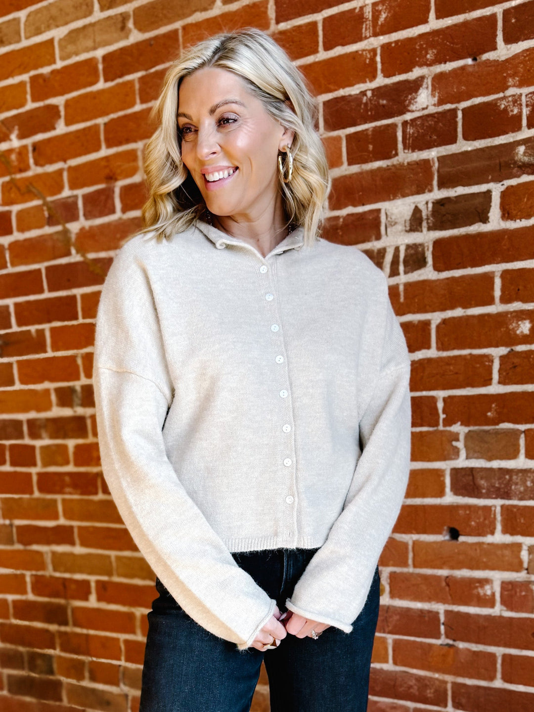 Polished Ease Button-Front Knit Cardigan, Sand