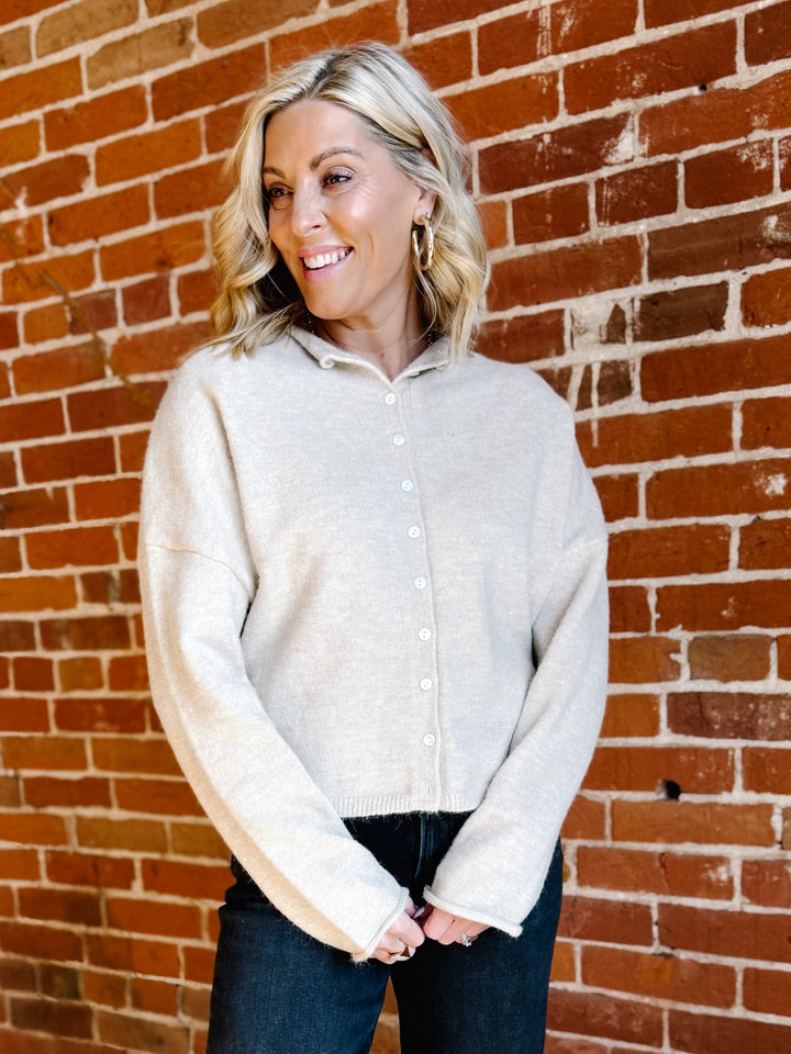 Polished Ease Button-Front Knit Cardigan, Sand