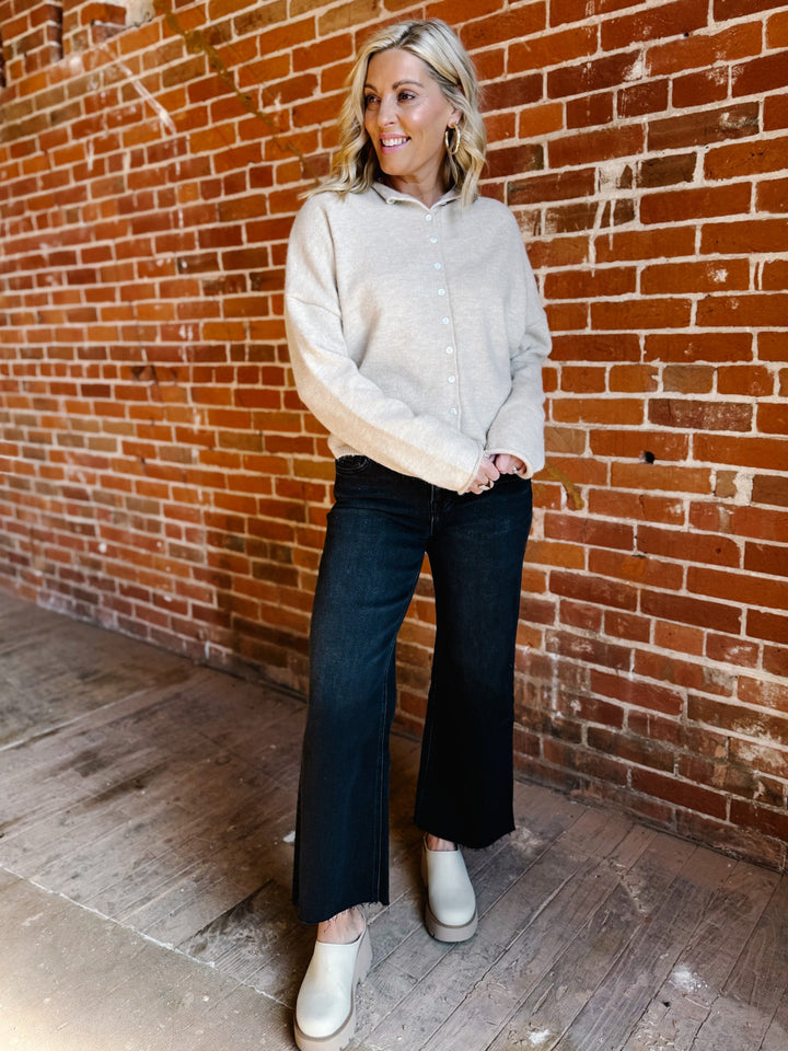 Polished Ease Button-Front Knit Cardigan, Sand