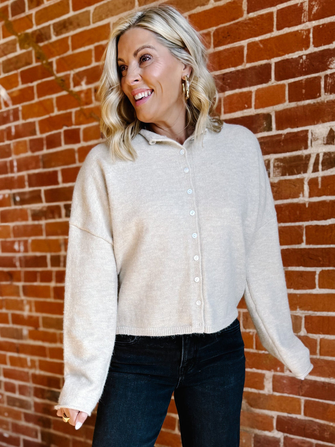 Polished Ease Button-Front Knit Cardigan, Sand