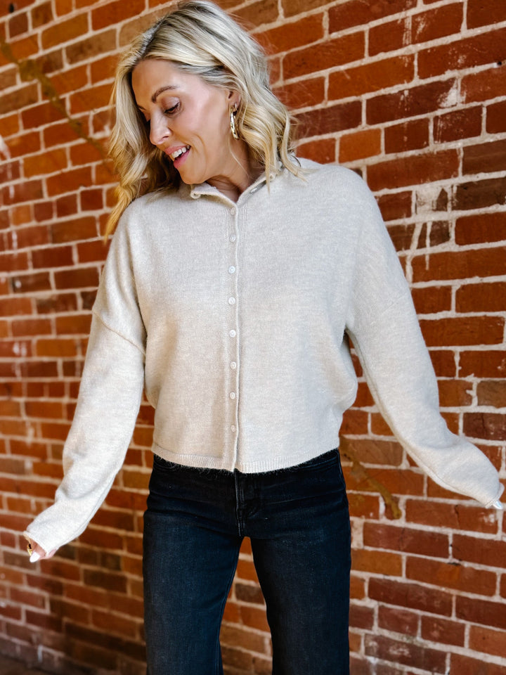 Polished Ease Button-Front Knit Cardigan, Sand