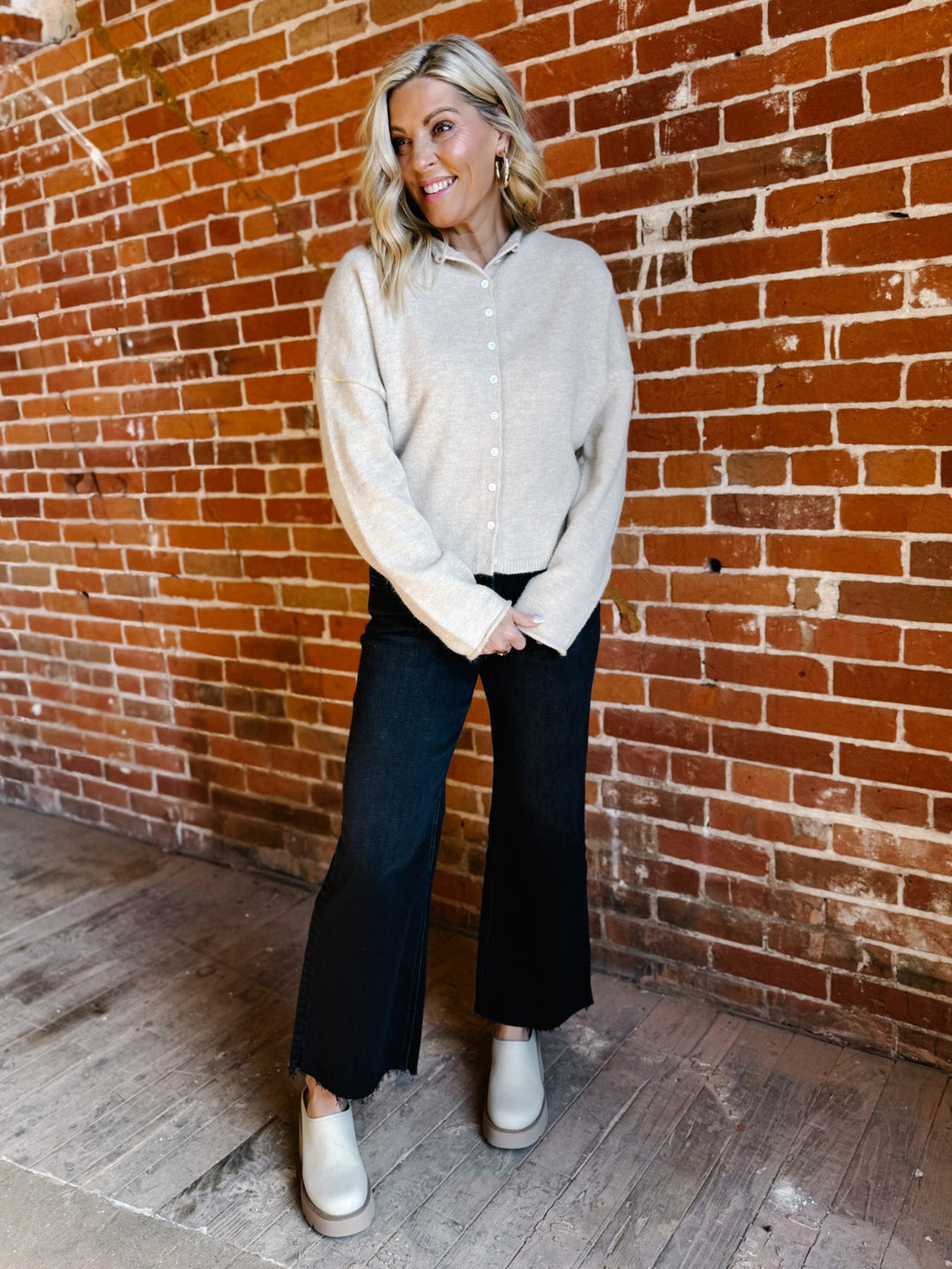 Polished Ease Button-Front Knit Cardigan, Sand