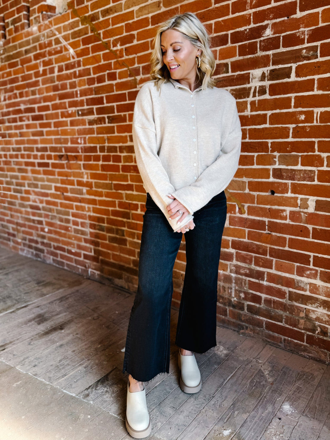 Polished Ease Button-Front Knit Cardigan, Sand