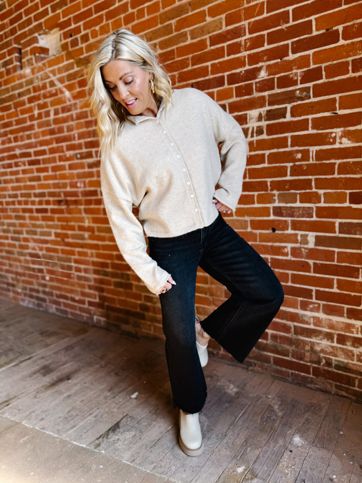 Polished Ease Button-Front Knit Cardigan, Sand