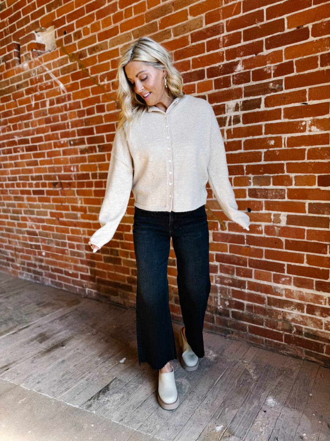 Polished Ease Button-Front Knit Cardigan, Sand