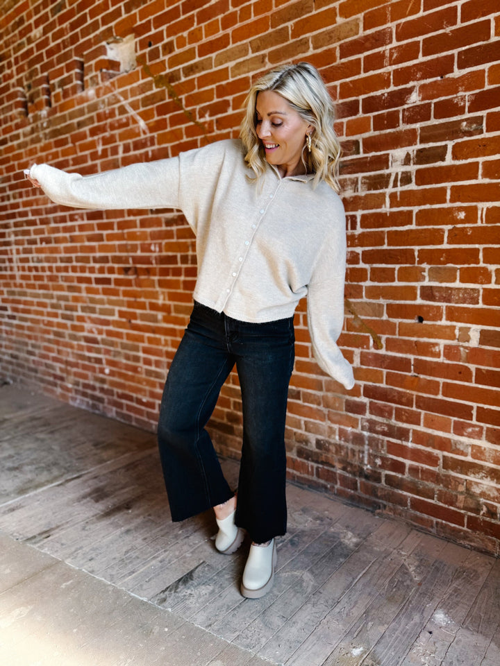 Polished Ease Button-Front Knit Cardigan, Sand