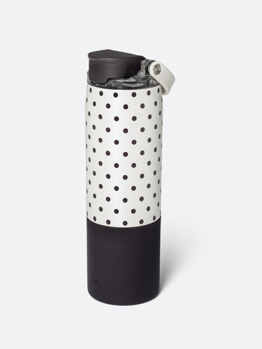 A reusable insulated bottle with a black and white polka dot pattern and a black base, shown on a light gray background.