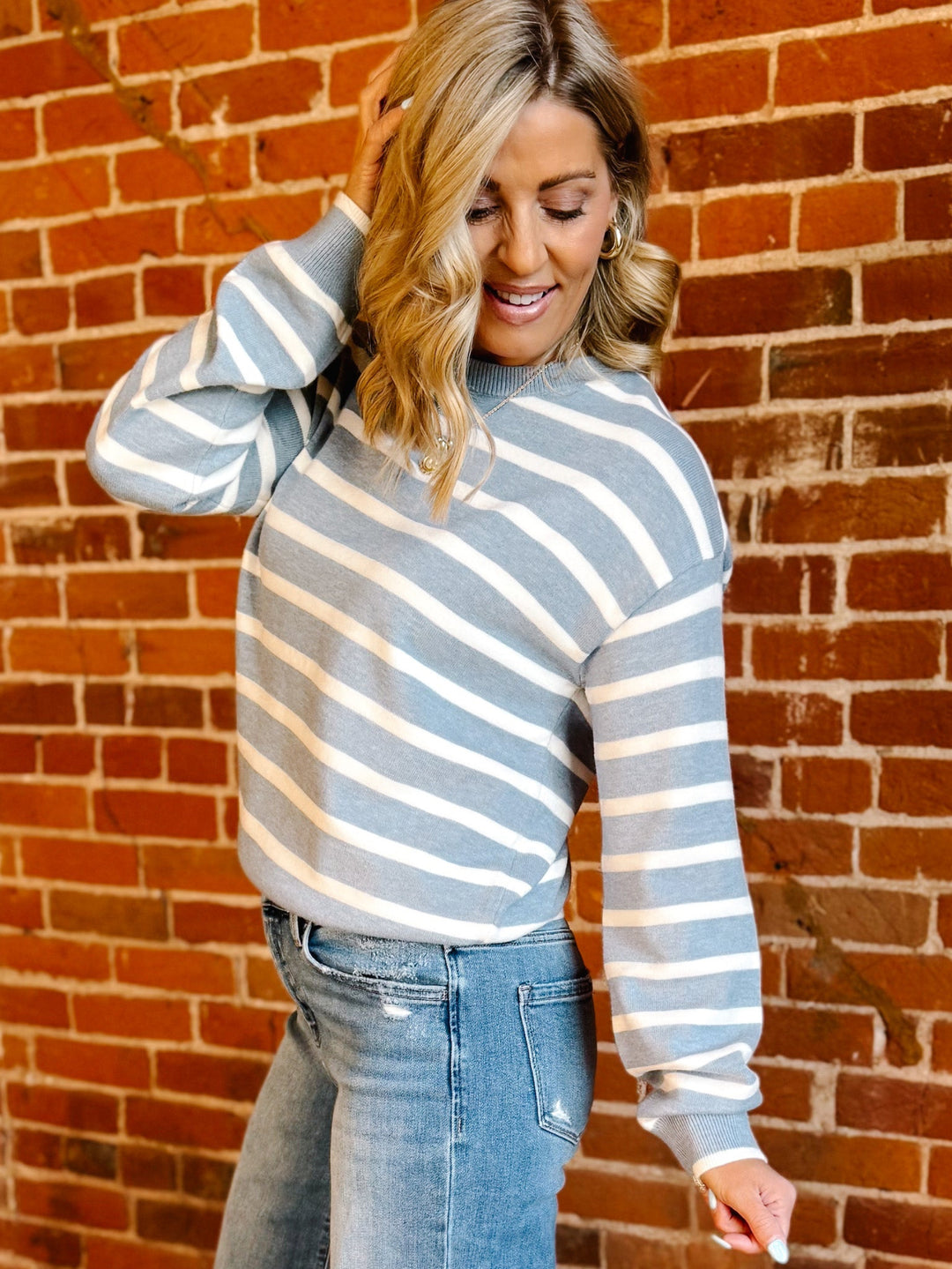 Preston Soft Stripe Pullover,  Dusty Blue/Ivory