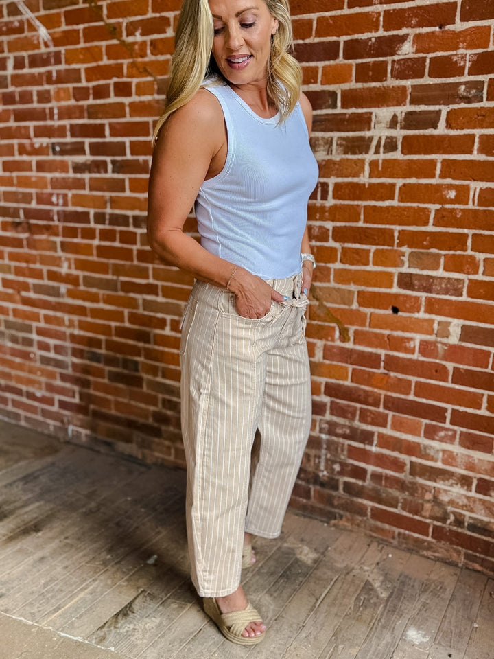 Relaxed Lines High Rise Striped Barrel Jeans, TanIvory