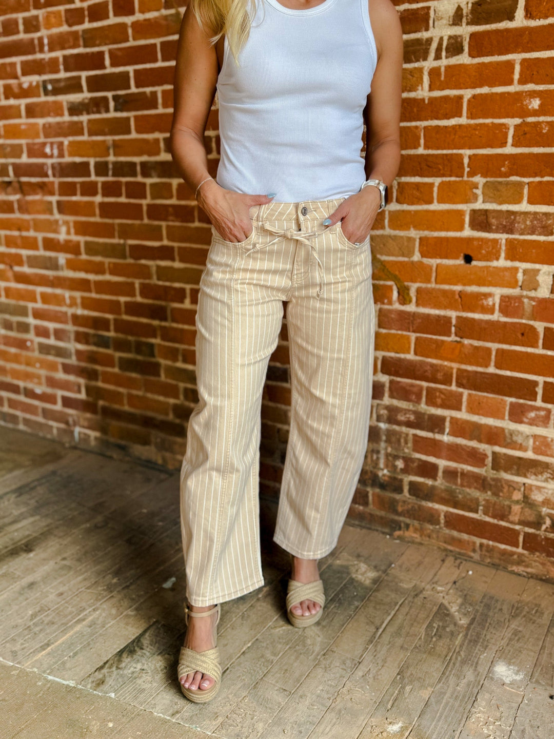 Relaxed Lines High Rise Striped Barrel Jeans, TanIvory