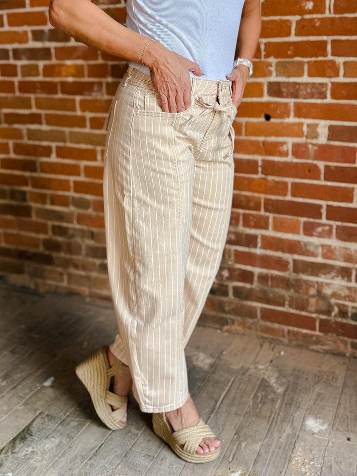 Relaxed Lines High Rise Striped Barrel Jeans, TanIvory