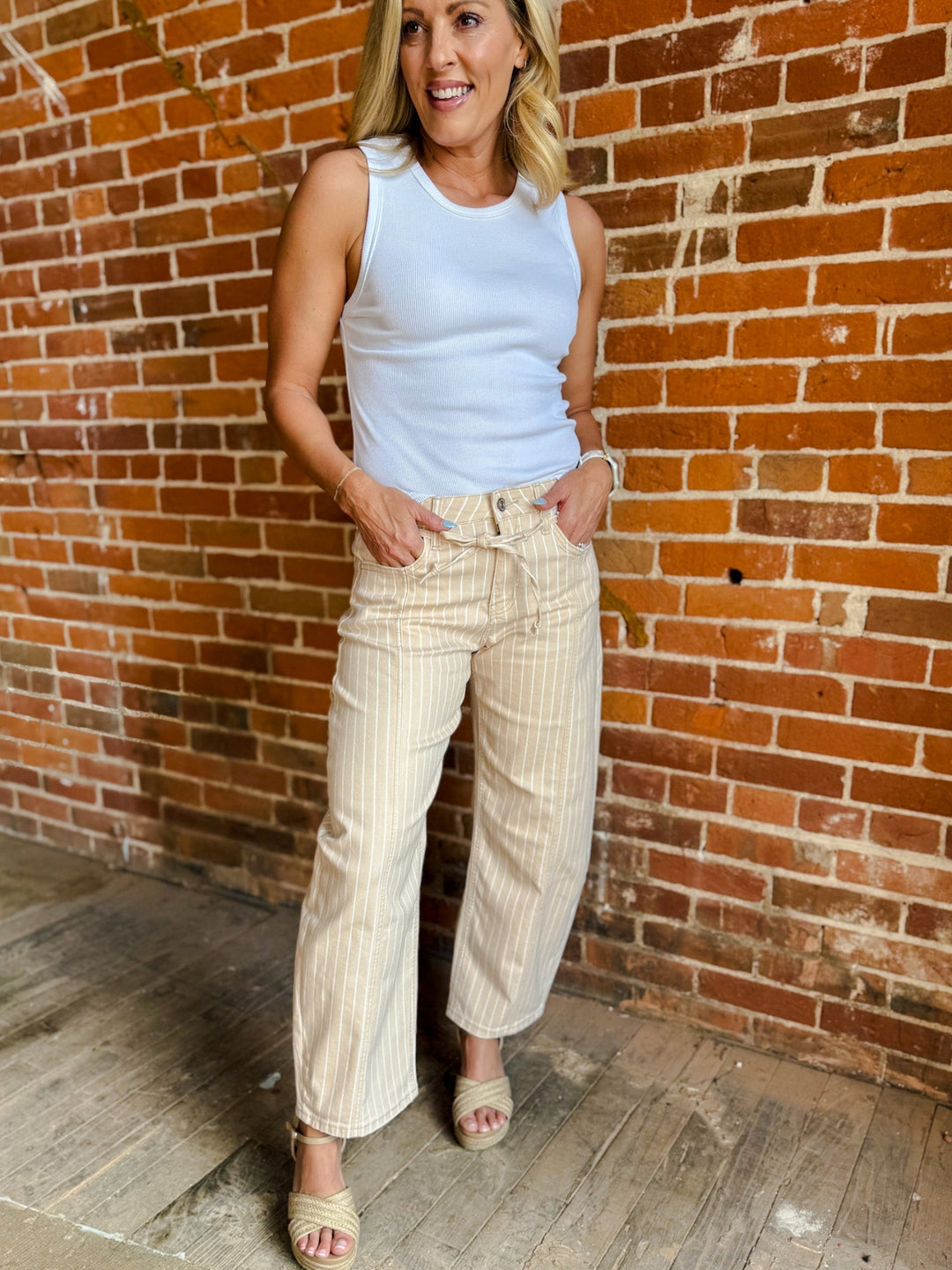 Relaxed Lines High Rise Striped Barrel Jeans, TanIvory