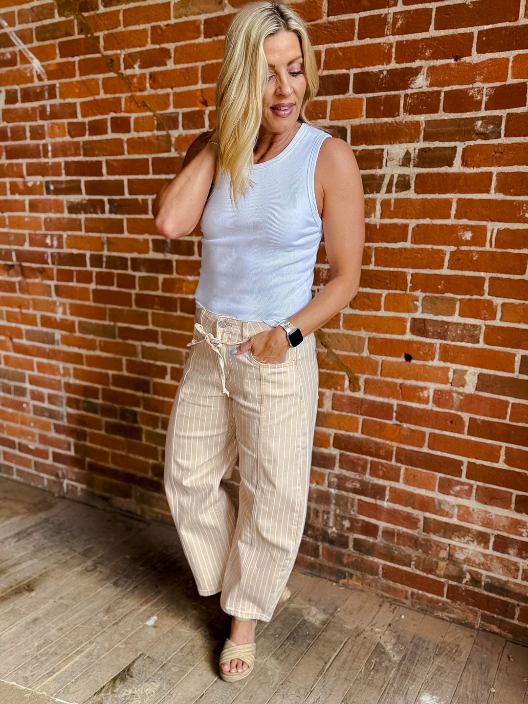 Relaxed Lines High Rise Striped Barrel Jeans, TanIvory